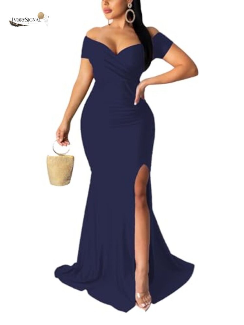 Sexy Off Shoulder V Neck Mermaid Evening Gown High Slit Formal Maxi Dress